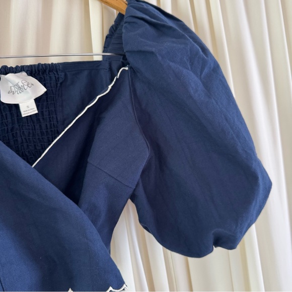 Anthropologie Mare Mare Puff-Sleeve Linen Wrap Blouse Navy White Scallop Sz Smal - Picture 9 of 9